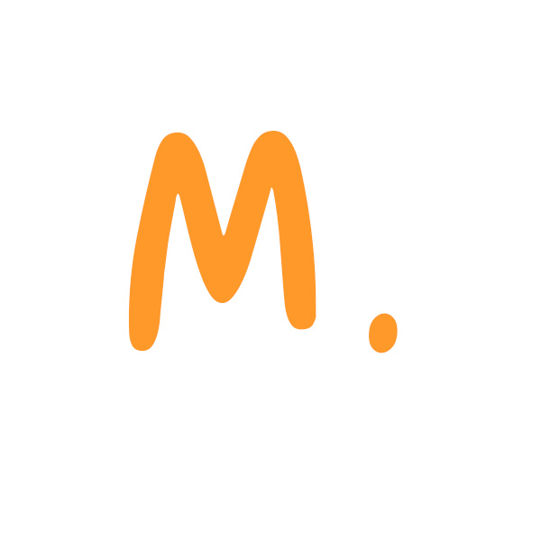 The image displays a stylized letter  M  in a bold, orange color against a white background.