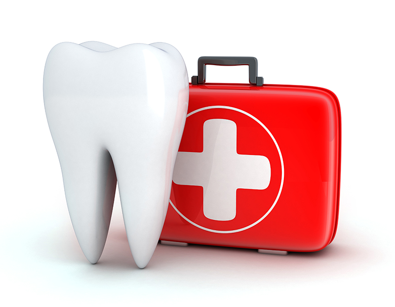 A digital illustration of a large, white tooth with a red suitcase labeled  first aid  placed next to it.