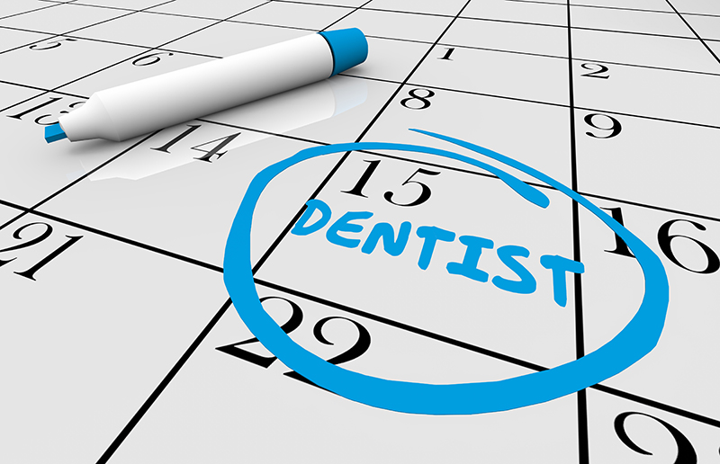 An illustration of a dentist appointment reminder with a stylus on a calendar, surrounded by a blue circle with the word  dentist  written in white.