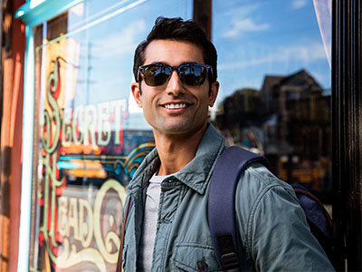 A man wearing sunglasses, a backpack, and a jacket stands confidently in front of a store window with the name  Sweet Treats  visible.
